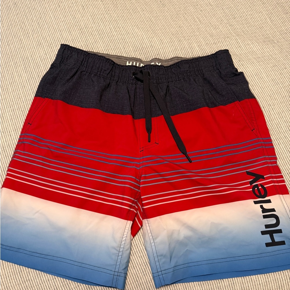Hurley Men’s Red, Blue and Black Gradient Stripe Swim Shorts